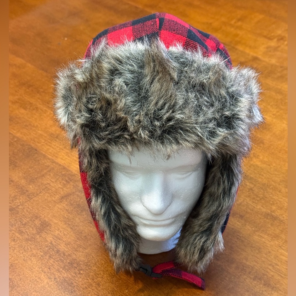 WILD WEAR Fur Trapper Hat In Red and Black Plaid / Brown Fur Size OS